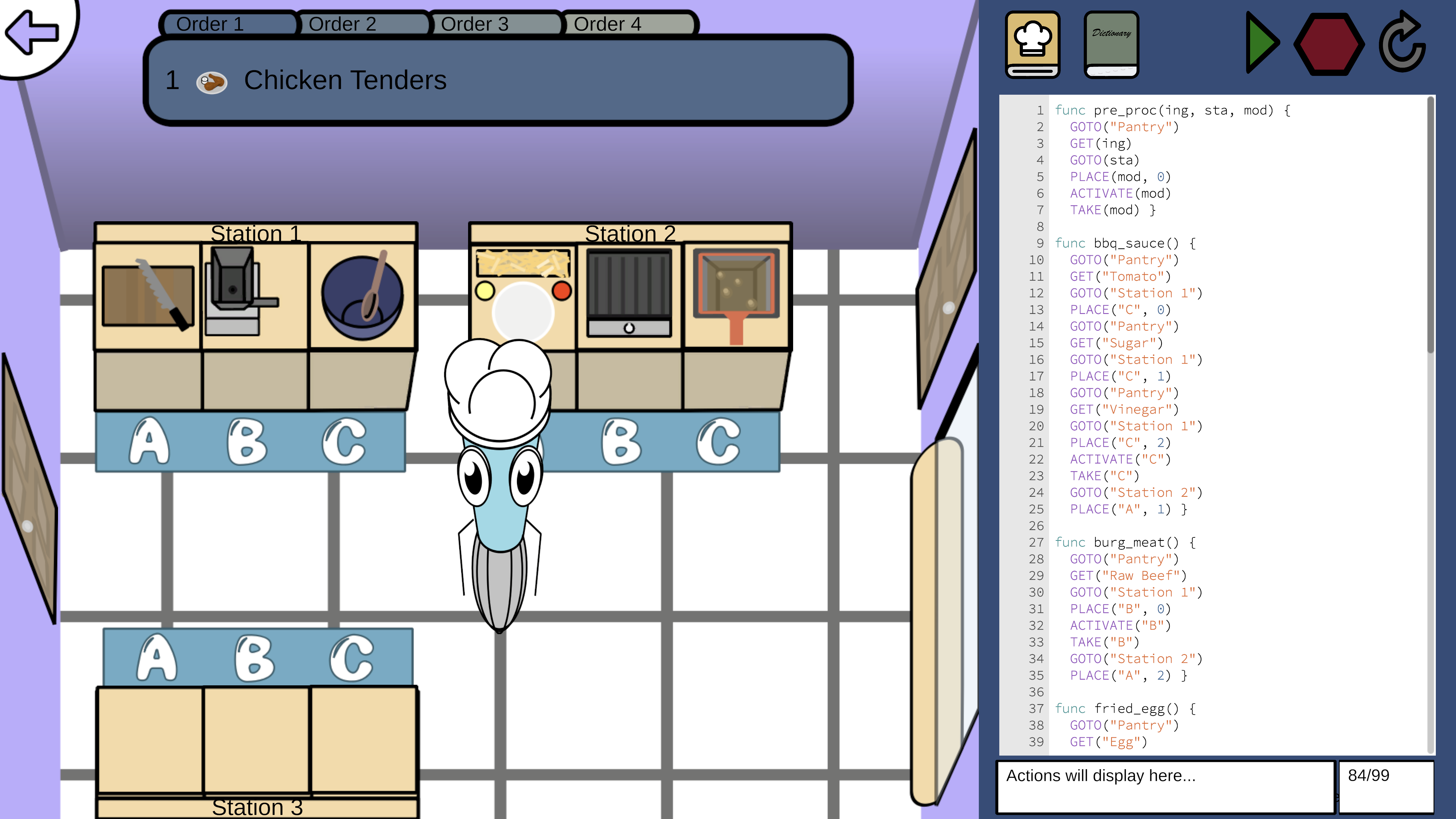A screenshot of one of Refactoria's levels. On the right two-thirds of the image, is the kitchen. Watson, a light blue whisk robot, stands in the middle surrounded by 3 stations. The kitchen has a door to the pantry, a door to exit, and a delivery window. The current order is one plate of chicken tenders. On the remaing third of the image, is the code edtior with the level's starter code. Above it are also buttons to run, stop, and reset the code, as well as to view the level instructions and refactoring dictionary. At the bottom is the line-number count and placeholder text for the chef's actions.
